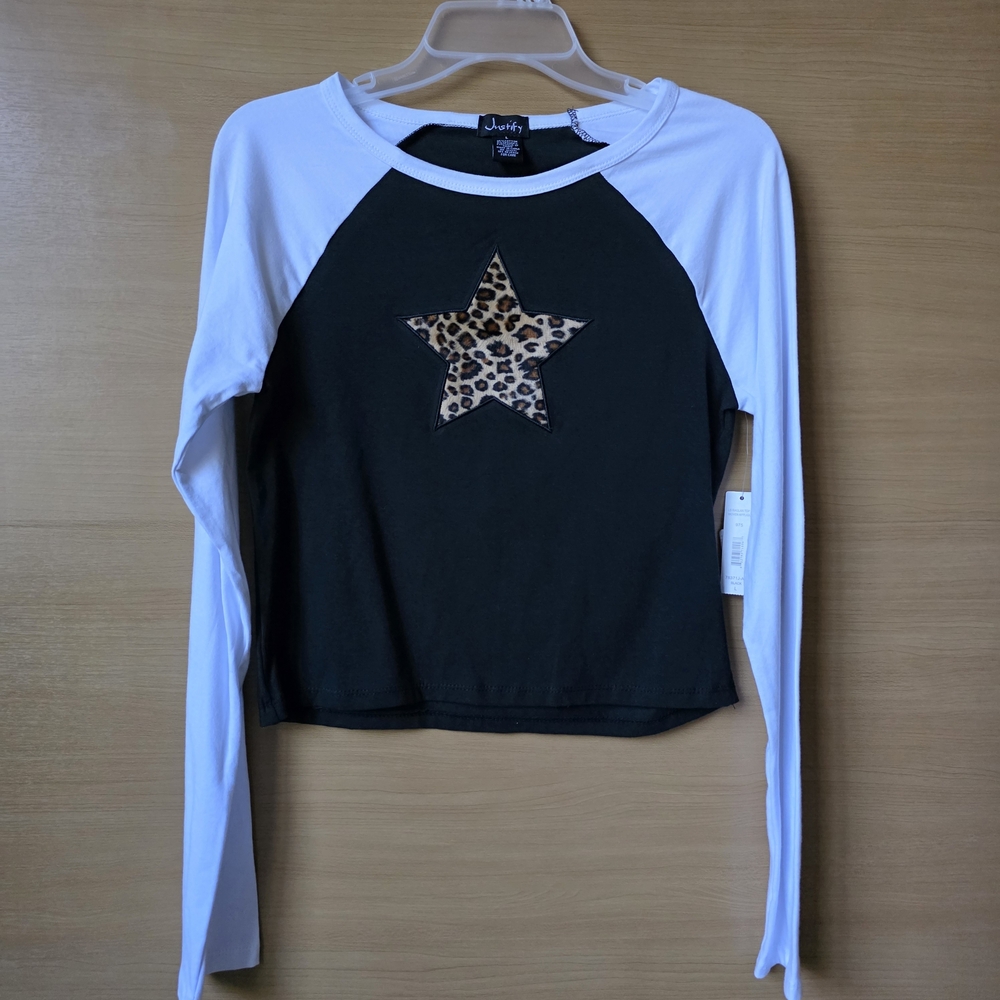 Justify Leopard Star Raglan Long Sleeve Top Black White Size L Youth NWT